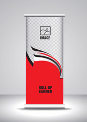 Red Roll up banner template vector, banner, stand, exhibition design, advertisement, pull up, x-banner and flag-banner layout, abstract background