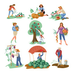 Set of people that collect natural eco food from garden