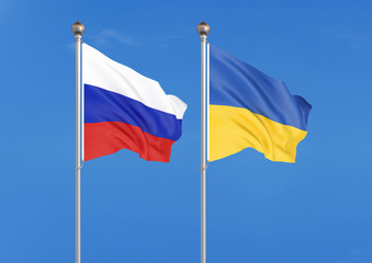 Russia vs Ukraine. Thick colored silky flags of Russia and Ukraine. 3D illustration on sky background. – Illustration