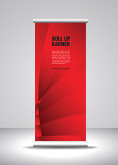 Red Roll up banner template vector, banner, stand, exhibition design, advertisement, pull up, x-banner and flag-banner layout, polygon background
