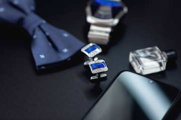 luxury blue fashion men's cufflinks. accessories for tuxedo, butterfly, tie, handkerchief, style watch and smartphone