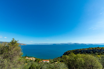 Landscape with small greek islands and bays on Peloponnese, Greece near Arkadiko town, summer vacation destination