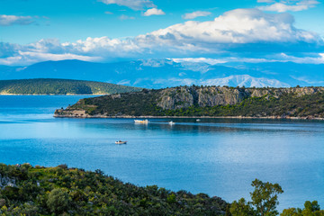 Fototapeta na wymiar Landscape with small greek islands and bays on Peloponnese, Greece near Nafplio town, summer vacation destination