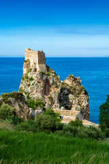 Fototapeta na wymiar Coastline with rocks and deep blue sea near Castellamare del Golfo by entrance to natural reserve Zingaro, Sicily, Italy
