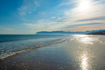 Coastline with sandy beach and clear sea water in Alcamo Marina, small town in Sicily, Italy, summer vacation destination