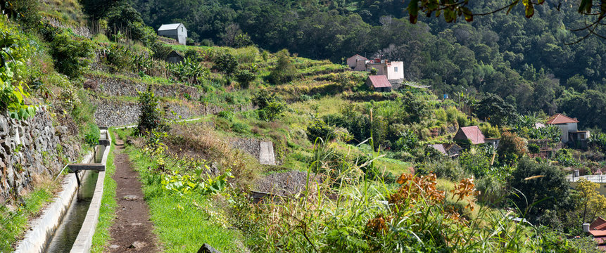Levada dos Marocos also known as the Mimosa valley near Machico on the Island of Madeira. Leavdas are irrigation channels specific to the island.