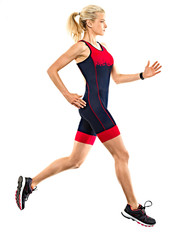 one caucasian woman practicing triathlon triathlete ironman runner running jogger jogging in studio...