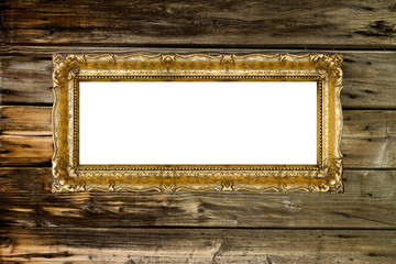 Retro Big Old Gold Picture Frame on wood wall, mockup
