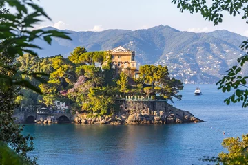 Poster Beautiful natural view of the Bay of Paraggi in Santa Margherita Ligure, Mediterranean seacoat near luxury sea resort Portofino, Italy © katatonia