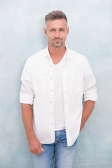 Barbershop concept. Grizzle hair. Barber hairdresser. Man mature good looking model. What does it...