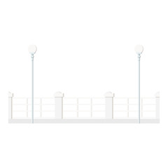 Flat design cartoon style image of a long row of white decorative metal street fence with round streetlight lanterns isolated on white background. City exterior element. Vector illustration.