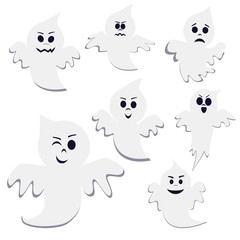 Set of different pose cartoon ghost isolated on white background. Ghost creepy funny cute character. Party celebrate happy Halloween night holiday.