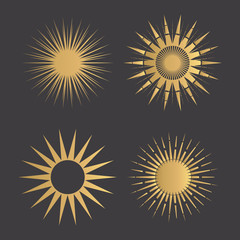 Vector Collection of Golden Geometrical Round Sunburst. 