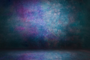 blue photo multicolored backdrop grunge, studio background for photos wall and floor lit by lamps....