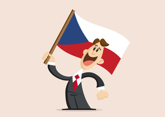 happy man in suit holds Flag of Czech Republic