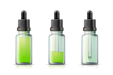 Vector 3d realistic dropper bottle with liquid inside, isolated on white background. Mock-up for product package branding.