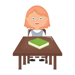 cute little student girl with textbooks in schooldesk