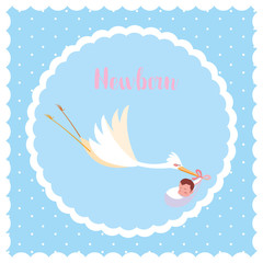 newborn card with stork flying and baby bag