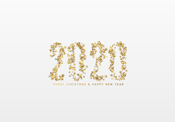 2020 New Year. Text of shiny golden confetti, tinsel sparkles with bright stars. Numbers gold