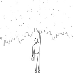 Drawn illustration of a man painting the wall with a brush and with a can of paint in hand