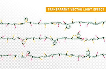 Christmas lights, Xmas decorations glowing orange and pink garlands. For light design background.