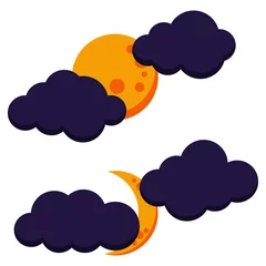 Foto auf Acrylglas Halloween colorful cloudy moon night icon set: full moon and growing moon. Dark colored weather icon isolated on white background. Vector flat cartoon style illustration. © Irina