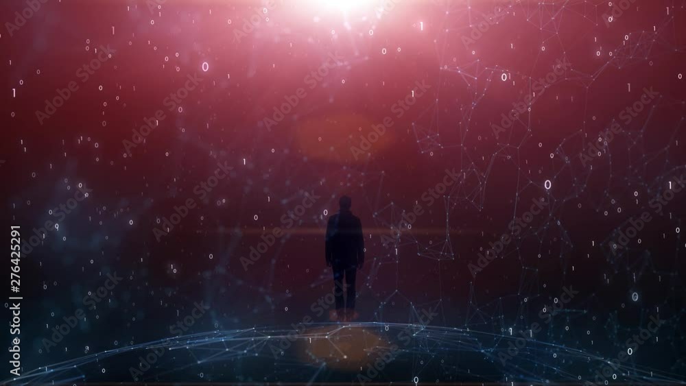 Poster businessman silhouette stands on globe with computer cyberspace network animation background..