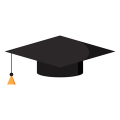 Black graduation cap flat design web icon. Graduate hat with tassel sign isolated on white background. Vector illustration. Element of uniform at the graduation ceremony at the end of the school.