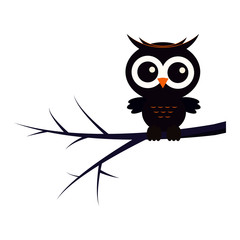 Happy Halloween animal character illustration: black cute owl sitting on tree branch isolated on white background. Vector flat design illustration. Cartoon style holiday icon.