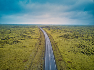 Empty highway for miles as seen from an Aerial drone in Iceland