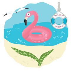 Inflatable swimming circle Flamingo, lifebuoy - water, shore, seagull - vector. Summer time. Travel Poster. Banner.