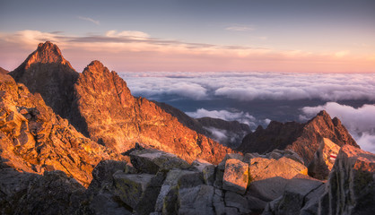 Mountains Landscape with Inversion in the Valley at Sunset as seen From Rysy Peak in High Tatras, Slovakia