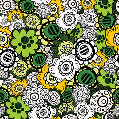 Vector design. Colored seamless pattern with doodle flowers. For covers, printing on fabric.
