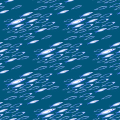Naklejka premium Hand drawn marine seamless pattern watercolor blue fish flock isolated on dark blue background. Design for print, wallpaper,card