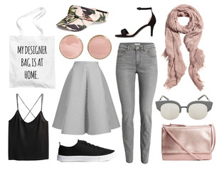 mood board fashion clothes, outfit, clothes collage, set of fashionable clothes and accesories, woman trendy fashion clothes collage on white, flat lay, top view