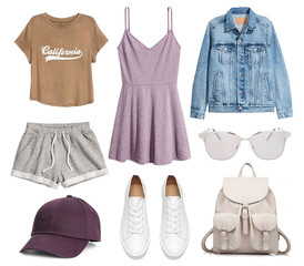 mood board fashion clothes, outfit, clothes collage, set of fashionable clothes and accesories,...