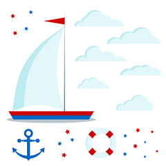 Icon set of blue and red sailboat with one sail, clouds, stars, anchor, lifebuoy isolated on white background. Vector flat cartoon style illustration. Children marine style design elements.