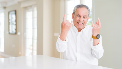 Handsome senior man at home shouting with crazy expression doing rock symbol with hands up. Music star. Heavy concept.