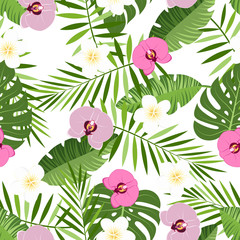 seamless pattern with tropical leaves and orchid flowers