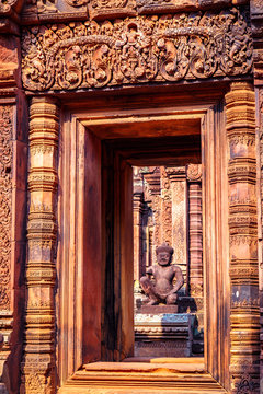 Karuda Bird Gardians Carvings at Banteay Srei Red Sandstone Temple, Cambodia