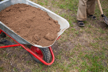 Gardener digs a flower bed in the garden. Work with the land. Worker throws the earth in the cart. Land preparation for planting. Shovel and cart in action.