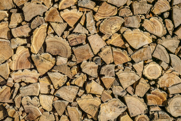 Neatly stacked firewood.  Background of dry chopped logs