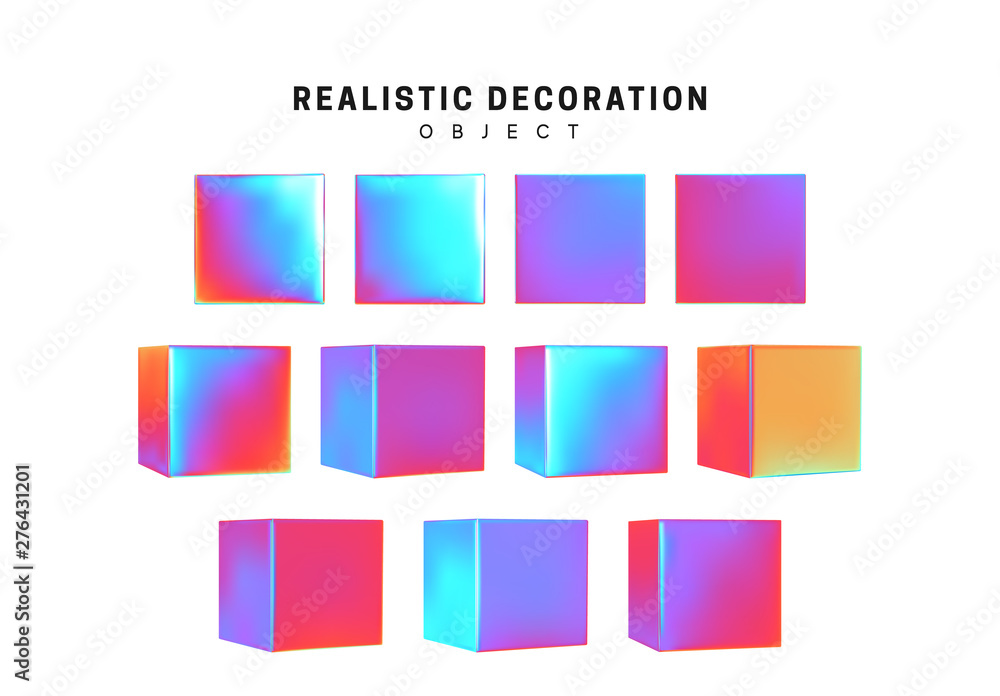 Poster cube collection. set of geometric 3d objects isolated on white background. gradient hologram color s