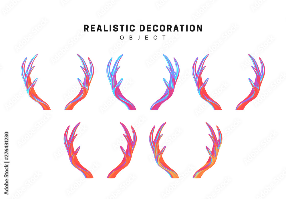 Poster set of deer and elk antlers with gradient holographic color of holograms. decorative design elements