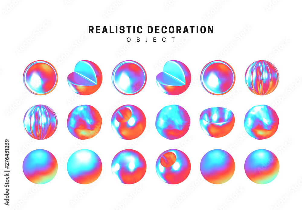 Aufkleber geometric shapes 3d round spherical objects. gradient hologram color. metal balls design elements. h