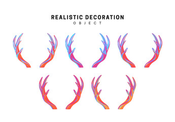 Set of deer and elk antlers with gradient holographic color of holograms. Decorative design elements. Realistic shape 3d objects