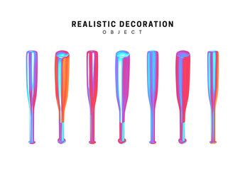 Set of Baseball bat with gradient holographic color of holograms. Decorative design elements. Realistic shape 3d objects.