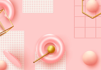 Background with 3d realistic objects. Minimal abstract composition. backdrop with geometric shapes. Modern banner, web poster. Flat view from the top. Trendy Vector Design Elements. Pink and coral