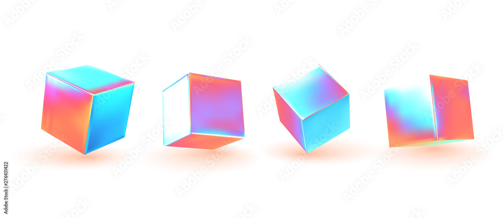 Poster cube collection. set of geometric 3d objects isolated on white background. gradient hologram color s