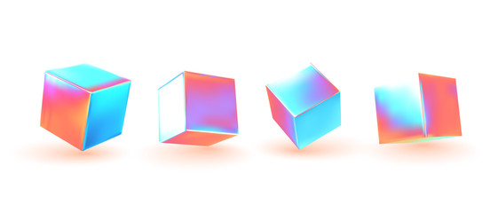 cube collection. set of geometric 3d objects isolated on white background. Gradient hologram color shades. Realistic elements vector